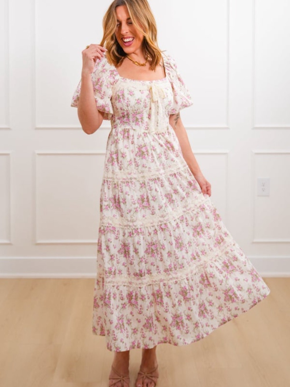 Peach love puff sleeve floral sun dress nwt womens small